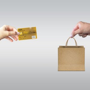 Das Bild zeigt zwei Hände, die aus einem Computer-Bildschirm herausragen. Die eine Hand hält eine Kreditkarte, die andere eine Einkaufstasche.