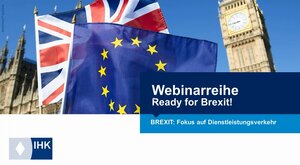 Titelbild des Brexit-Webinars Dienstleistungsverkehr. Es zeigt den Big Ben in London neben der britischen und der europäischen Flagge.