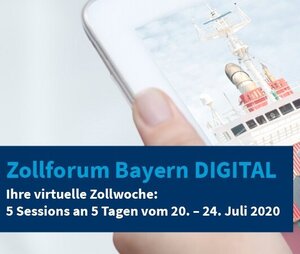 Titelbild Zollforum Bayern 2020 mit einem Tablet, auf dem ein Containerschiff zu sehen ist.