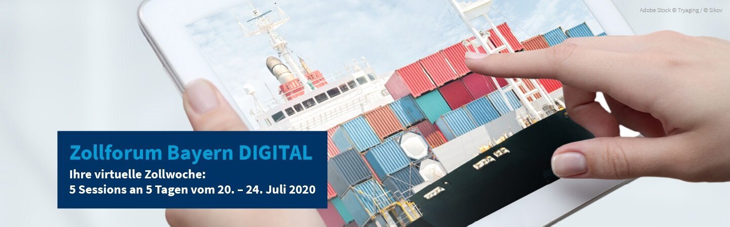 Titelbild Zollforum Bayern 2020 mit einem Tablet, auf dem ein Containerschiff zu sehen ist.
