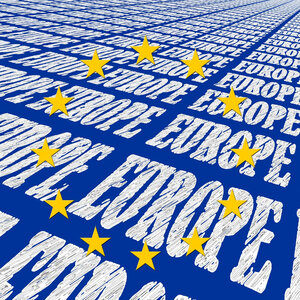 Das Bild zeigt die europäischen Sterne auf einem blauen Hintergrund, auf dem das Wort Europe geschrieben steht.