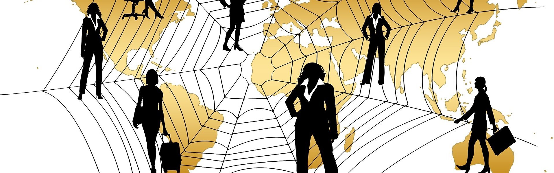 Das Bild zeigt ein Spinnennetz, die Weltkarte und Mitarbeiter.