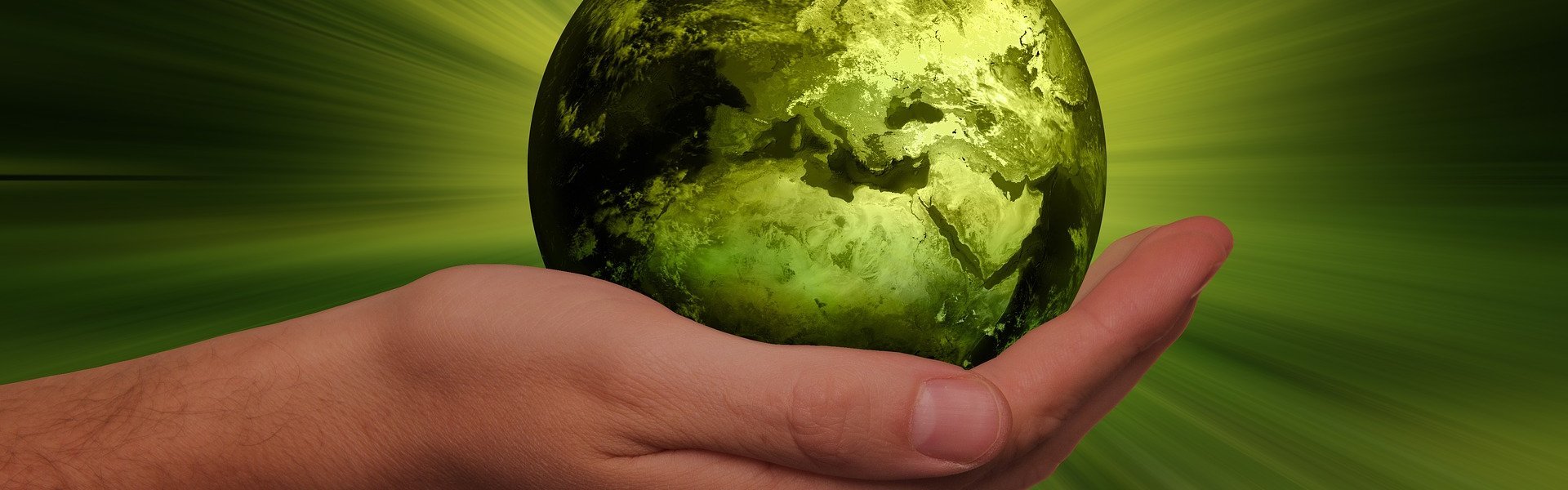 Das Bild zeigt eine Hand auf der eine grün eingefärbte Erdkugel liegt.